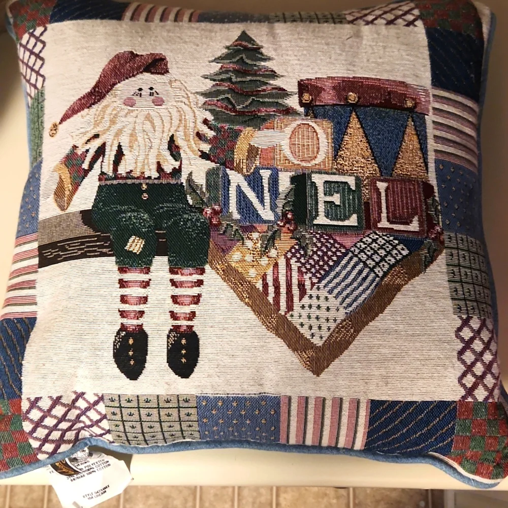 Needlepoint Christmas Santa with Noel spellout holiday throw pillow
